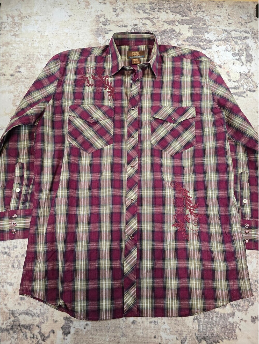 Painted Mesa Men's XLT Plaid Button-Up Shirt with Embroidered Detail, 65% Cotton